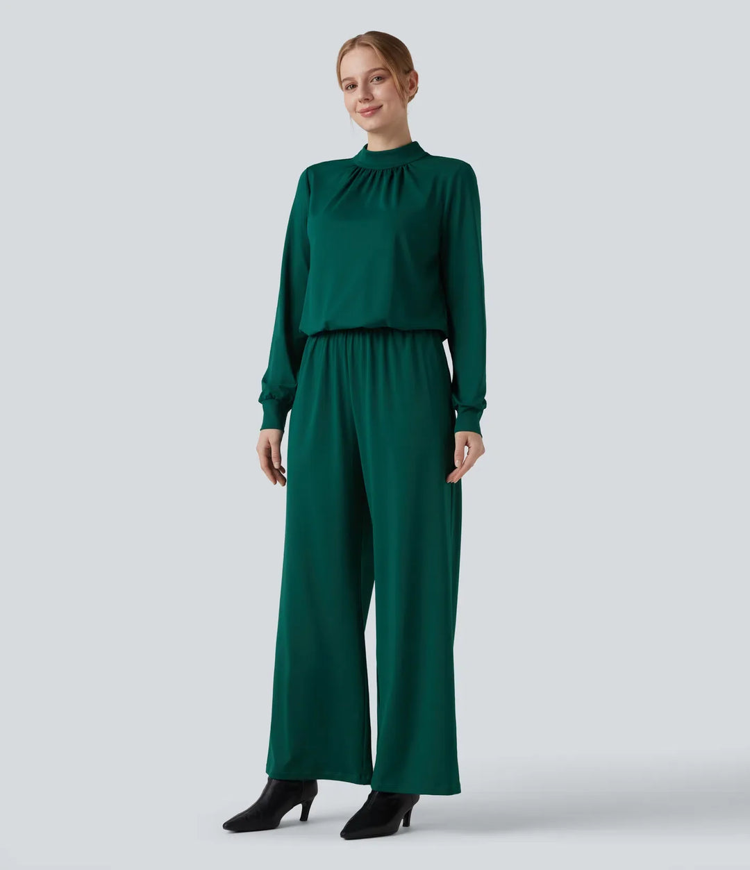 Halvpolo nyckelhålsrygg långärmad vida ben arbetsjumpsuit med fickor