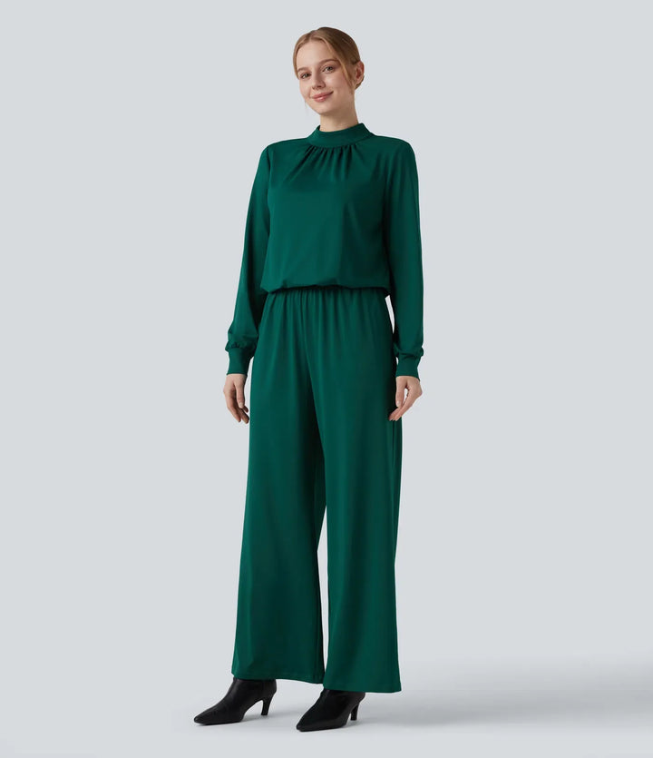 Halvpolo nyckelhålsrygg långärmad vida ben arbetsjumpsuit med fickor