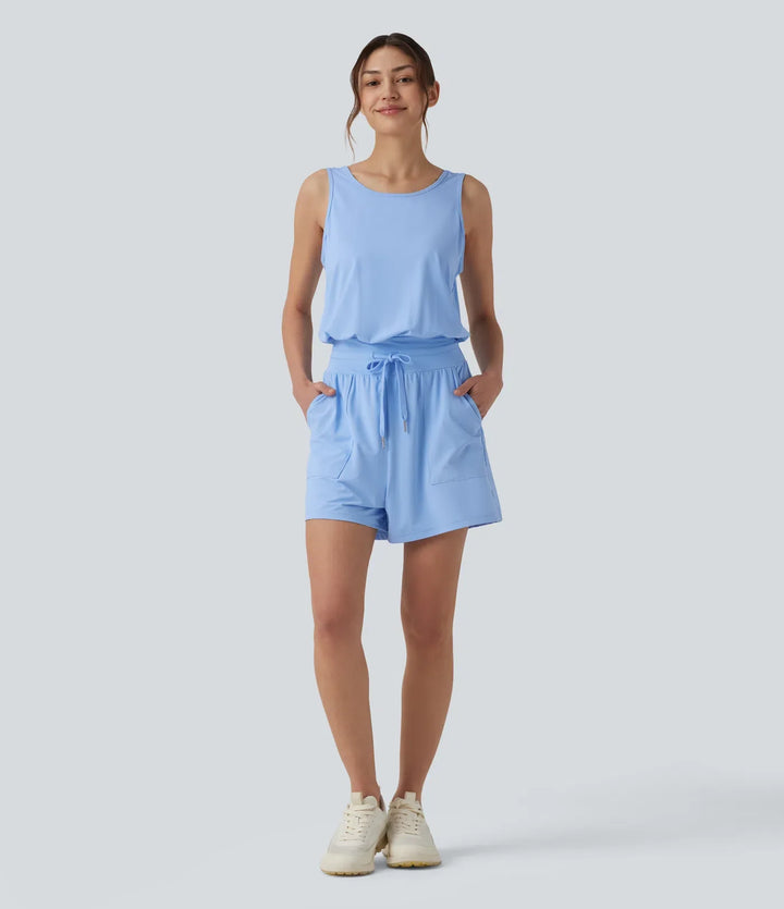 Rund hals skuren-ut dragsko InstantCool yoga playsuit med fickor-UPF50+