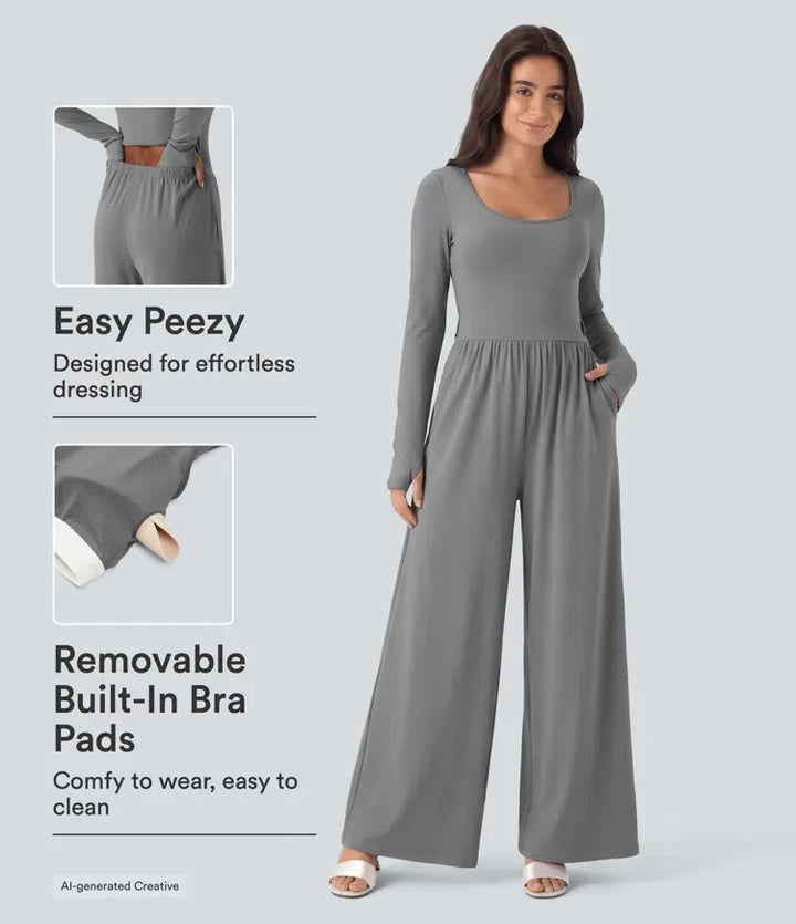 U-ringad långärmad tumhål vida ben rynkat vardaglig jumpsuit med inbyggd BH och fickor -Easy Peezy Edition