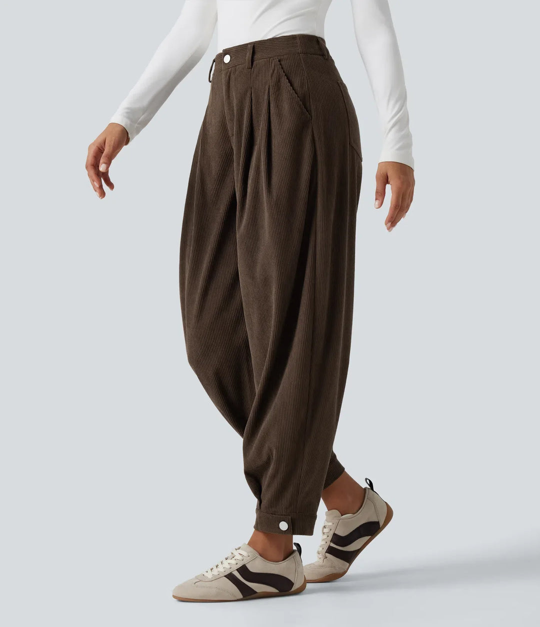 Medelhög midja manchester vardaglig ballong joggers med fickor