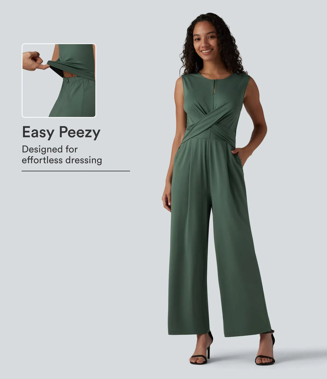 Rund hals ärmlös crossover Waist arbete raka ben jumpsuit med fickor-Easy Peezy