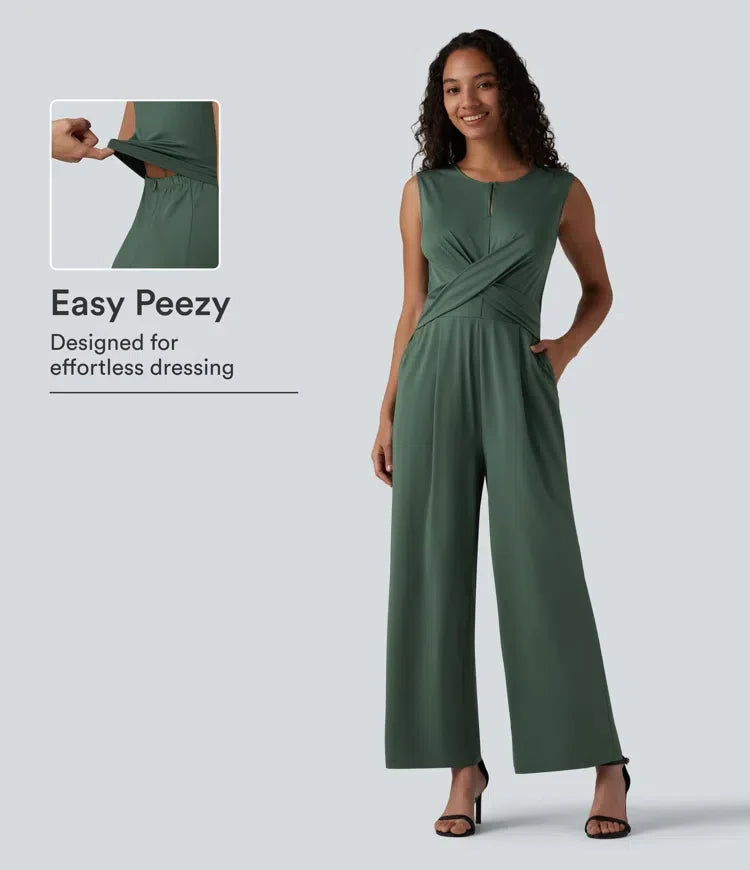 Rund hals ärmlös crossover Waist arbete raka ben jumpsuit med fickor-Easy Peezy