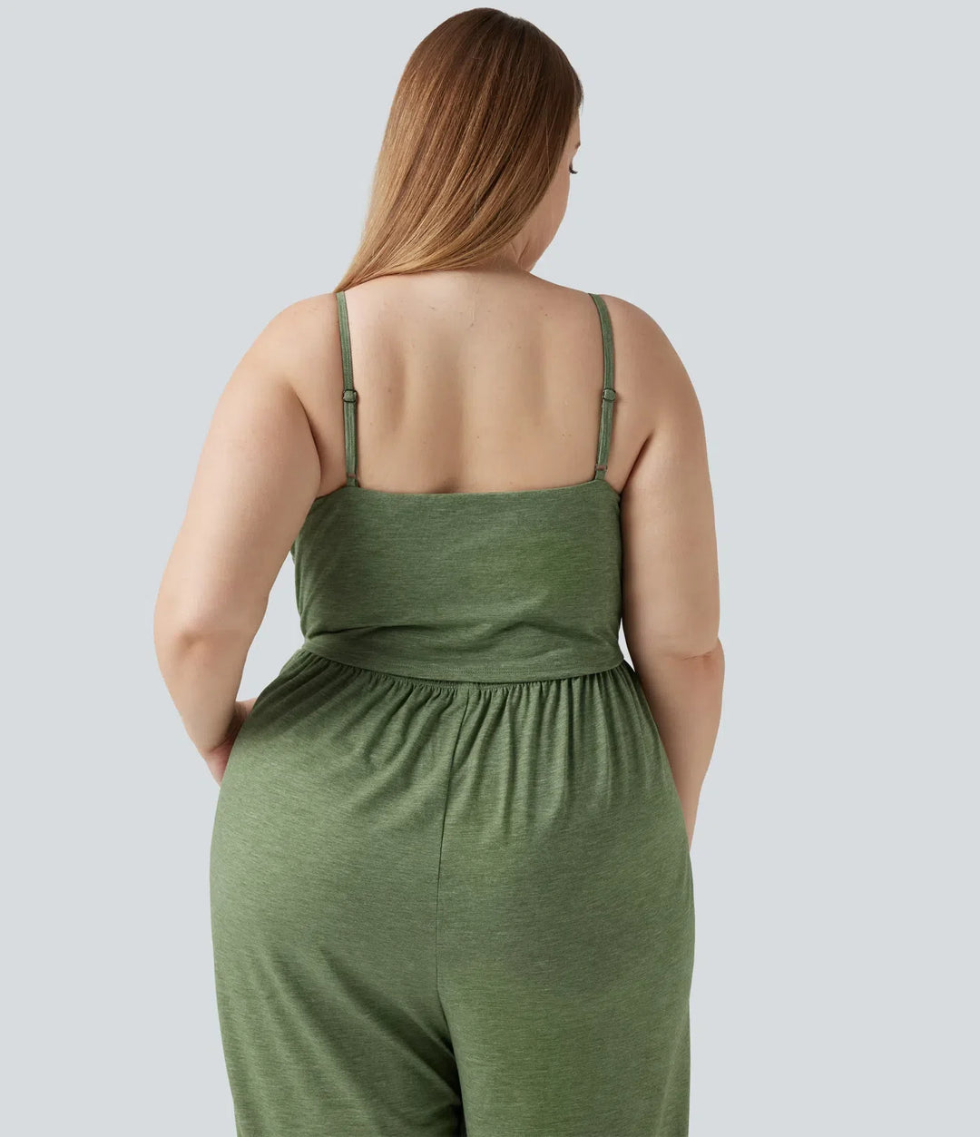 Plusstorlek inbyggd bh rynklad vida ben melerad jumpsuit för vardag med fickor – Easy Peezy-utgåva