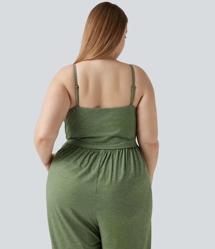 Plusstorlek inbyggd bh rynklad vida ben melerad jumpsuit för vardag med fickor – Easy Peezy-utgåva
