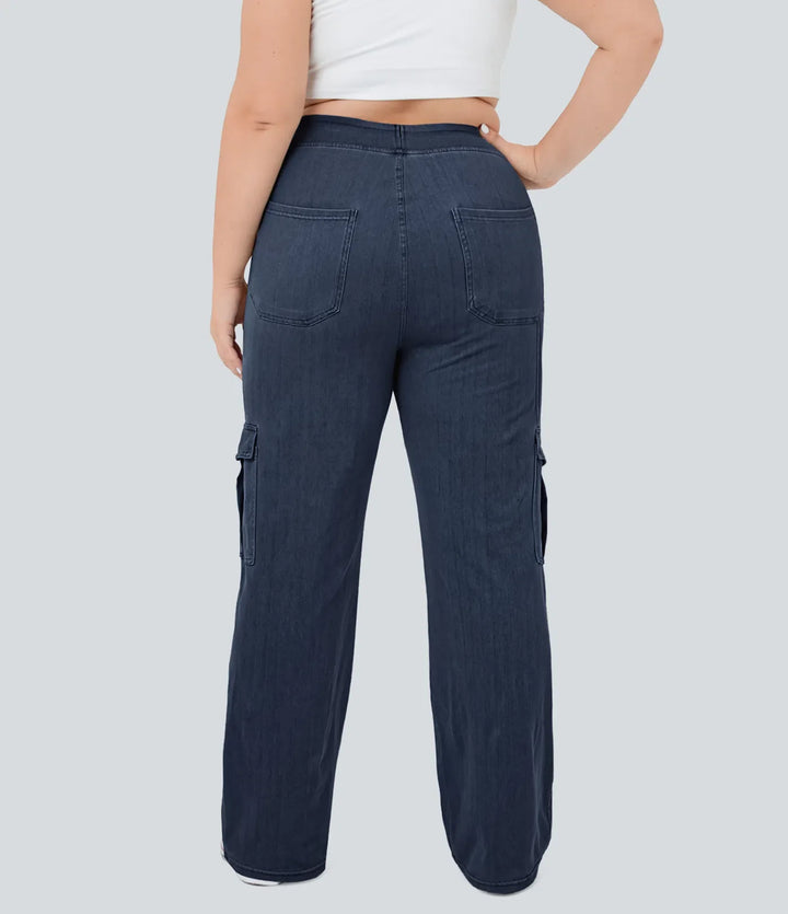 Lyckera Flex medelhög midja fickor raka ben plusstorlek vardaglig cargo jeans