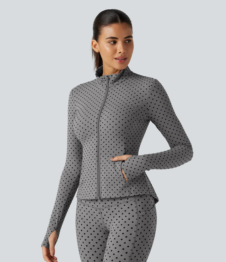 Lyckera UltraSculpt ståkrage långärmad tumhål veckad prickig yogajacka med fickor
