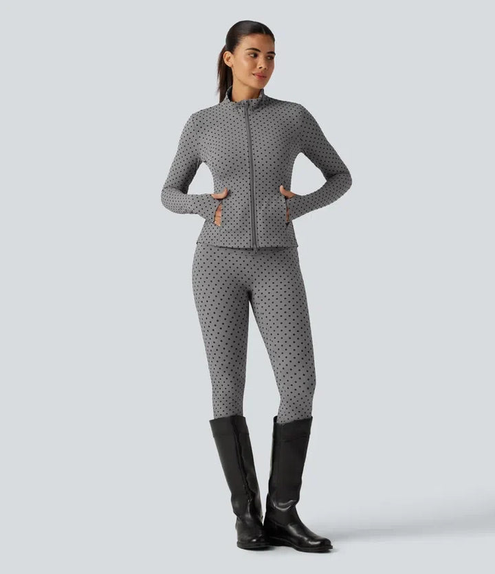 Lyckera UltraSculpt ståkrage långärmad tumhål veckad prickig yogajacka med fickor