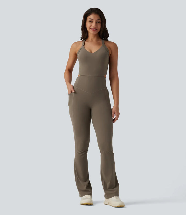 Lyckera UltraSculpt vriden rygglös magkontroll rumplyftande bootcut träning jumpsuit med fickor-Easy Peezy Edition