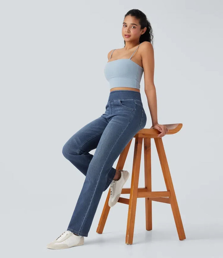 Halara Flex med hög midja och magkontroll tvättad för vardag bootcut jeans med fickor