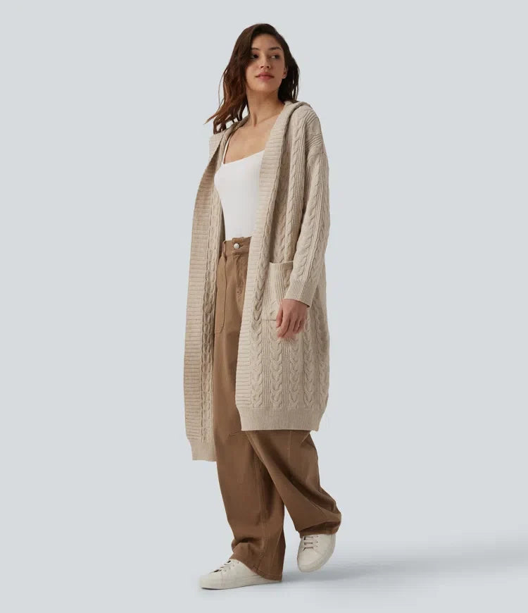 Med huva långärmad lång modell vardaglig cardigan med fickor