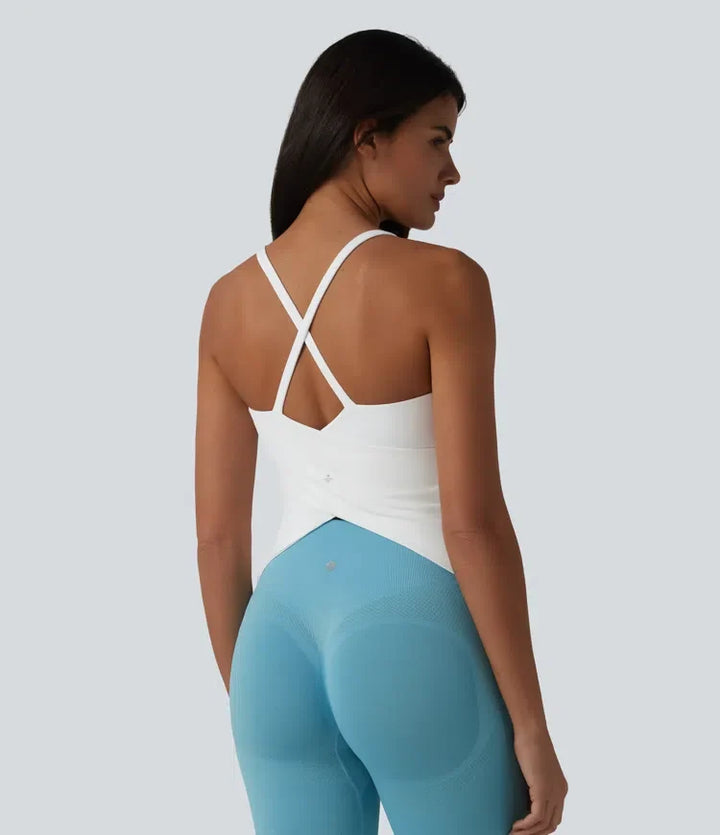 Djup rund halsringning korsad rygg omlott fåll inbyggd bh yoga cami-linne DD-F kupor