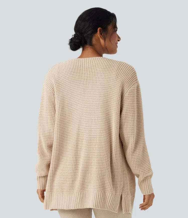 Långärmad våffelstruktur vardaglig cardigan med fickor