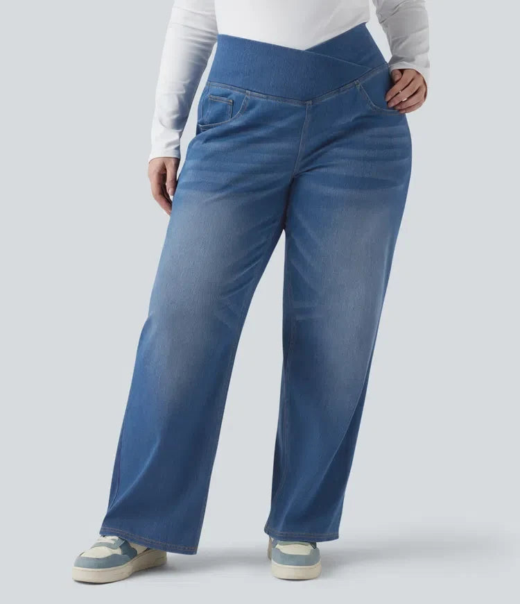 Lyckera Flex crossover högmidjad magkontroll vardaglig raka ben plusstorlek jeans med fickor
