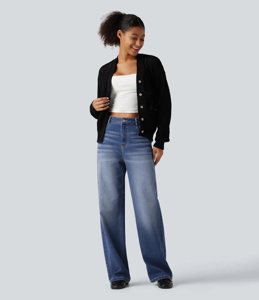 Med hög midja raka ben vardagsjeans med fickor