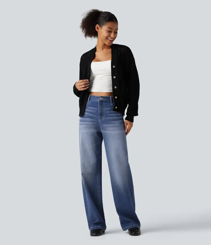 Med hög midja raka ben vardagsjeans med fickor