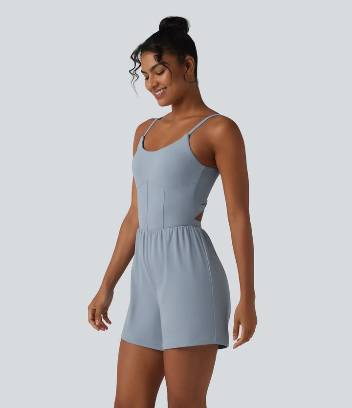 SoftlyZero luftig vriden rygglös justerbara axelband 2-i-1 inbyggd BH InstantCool yoga playsuit med ficka-Easy Peezy