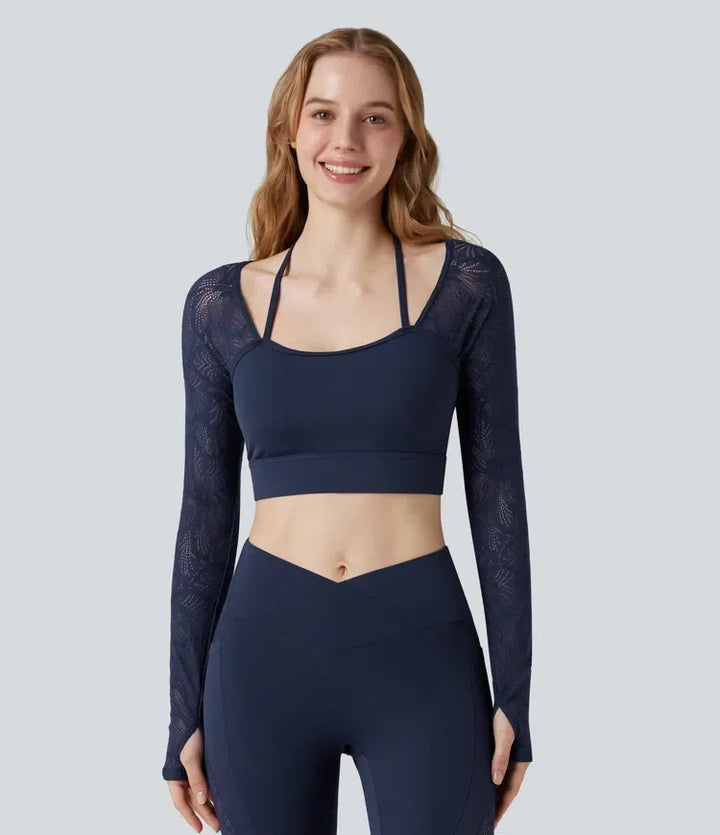 SoftlyZero kontrastspets halterneck långärmad tumhål kort yoga topp