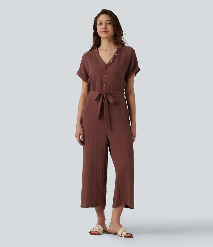 V-ringad kortärmad bältad croppad vardaglig baggy jumpsuit med fickor