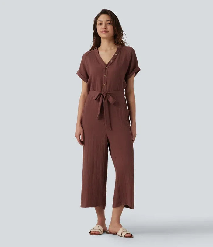 V-ringad kortärmad bältad croppad vardaglig baggy jumpsuit med fickor