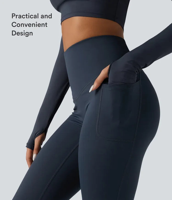 Halara Ultrasculpt Heat med hög midja och magkontroll omlott bak fleece löparleggings med fickor
