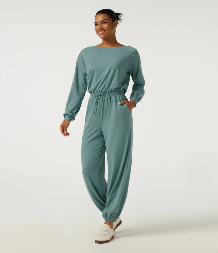 Enaxlad långärmad dragsko vardaglig jumpsuit med fickor - Easy Peezy Edition