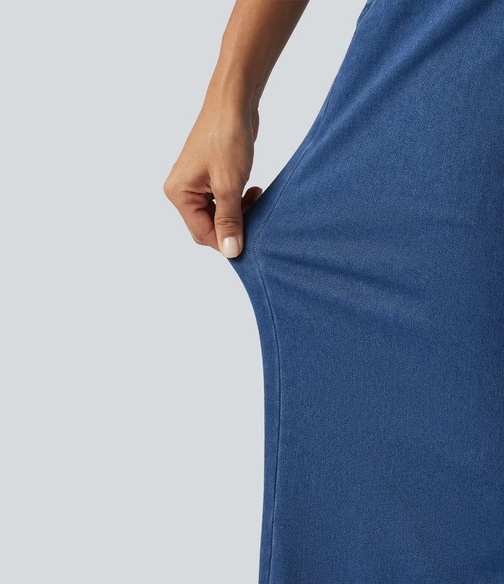 Lyckera Flex V-ringad vida ben denim vardaglig jumpsuit med fickor