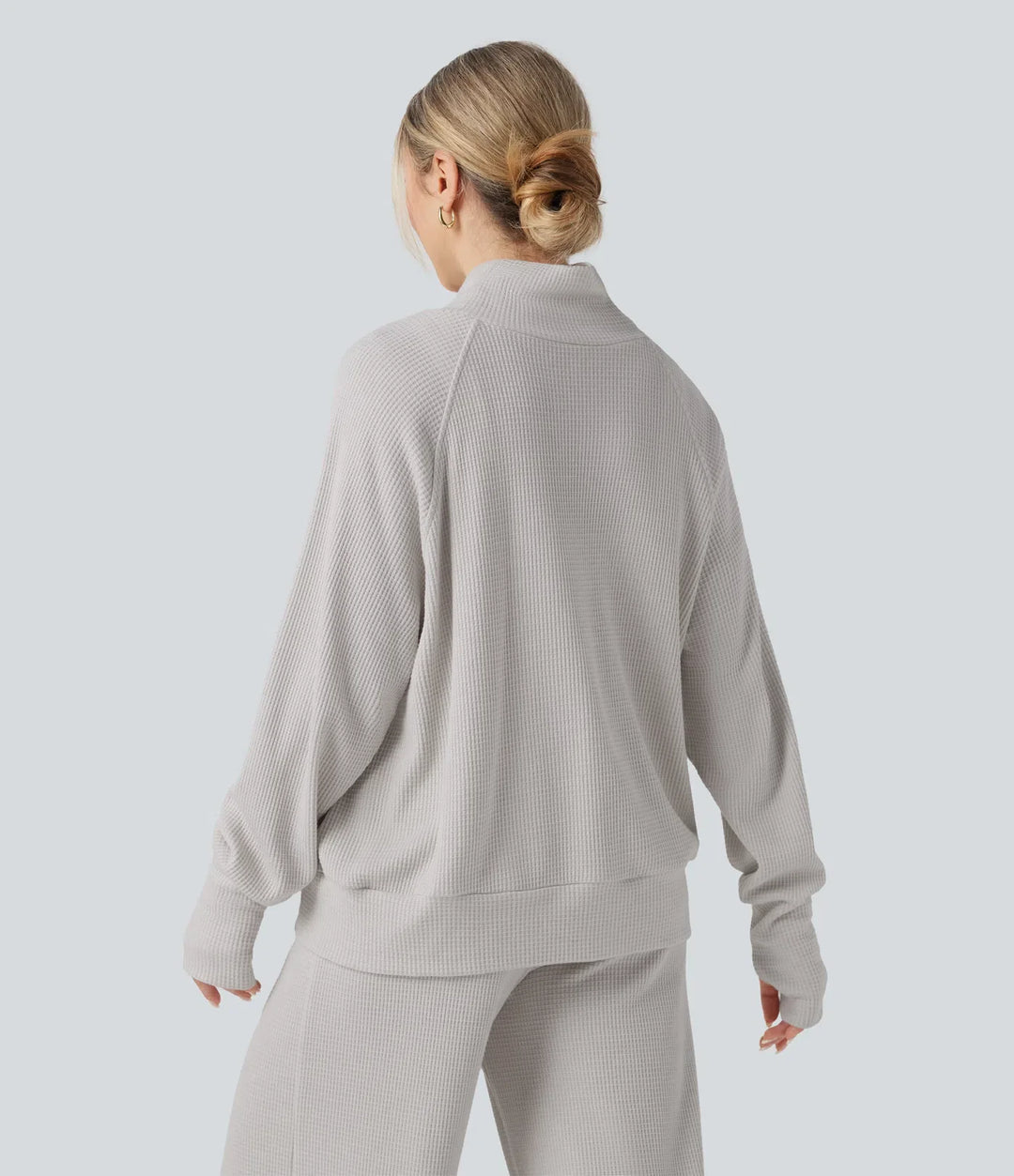 Hög hals långärmad tumhål oversized våffelstruktur vardaglig sweatshirt med fickor