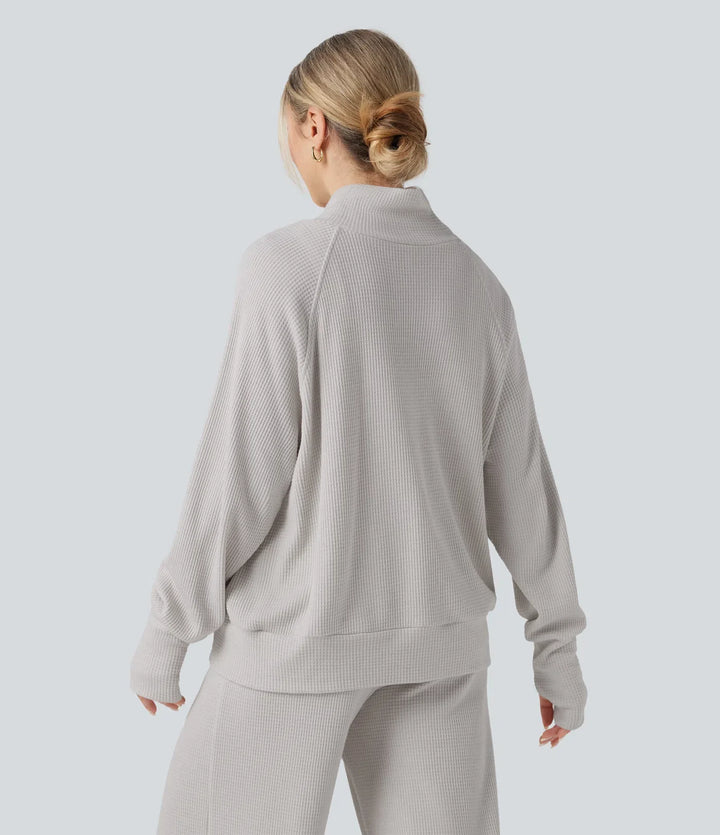 Hög hals långärmad tumhål oversized våffelstruktur vardaglig sweatshirt med fickor