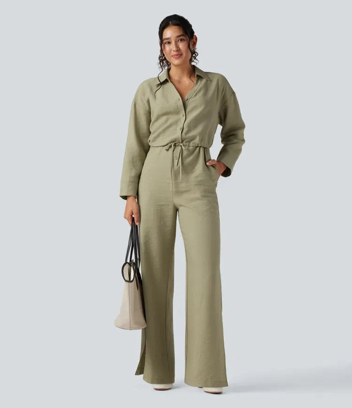 Långärmad dragsko vida ben arbetsjumpsuit med fickor