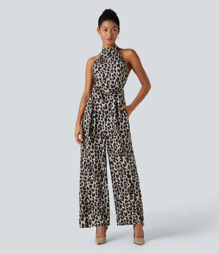 Halterneck ärmlös bältad leopard fest jumpsuit med fickor