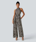 Halterneck ärmlös bältad leopard fest jumpsuit med fickor