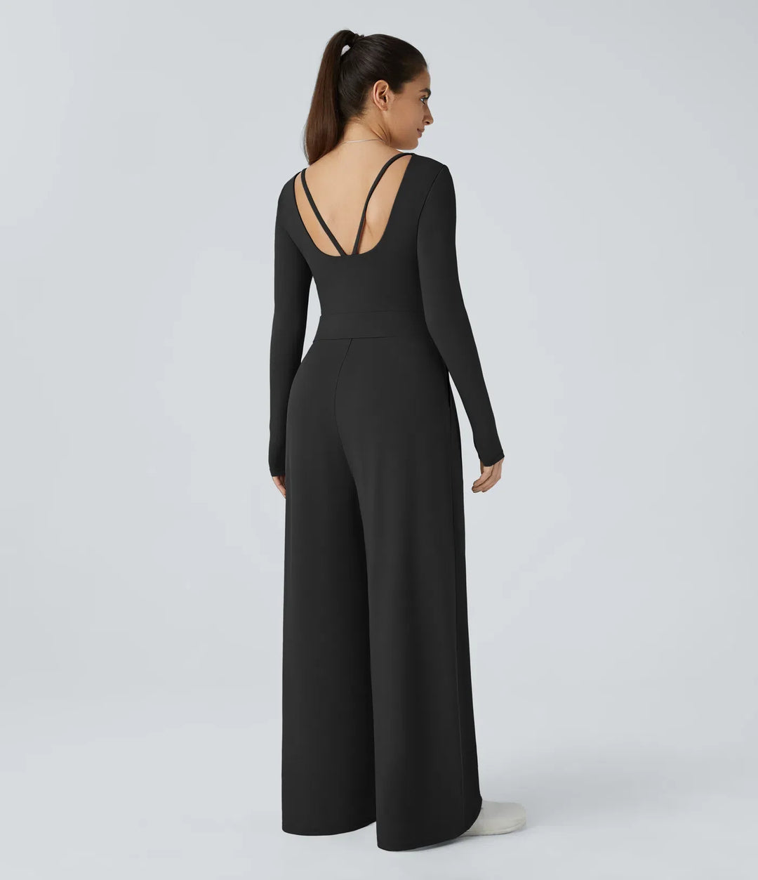 V-ringad långärmad ficka vida ben vardaglig jumpsuit