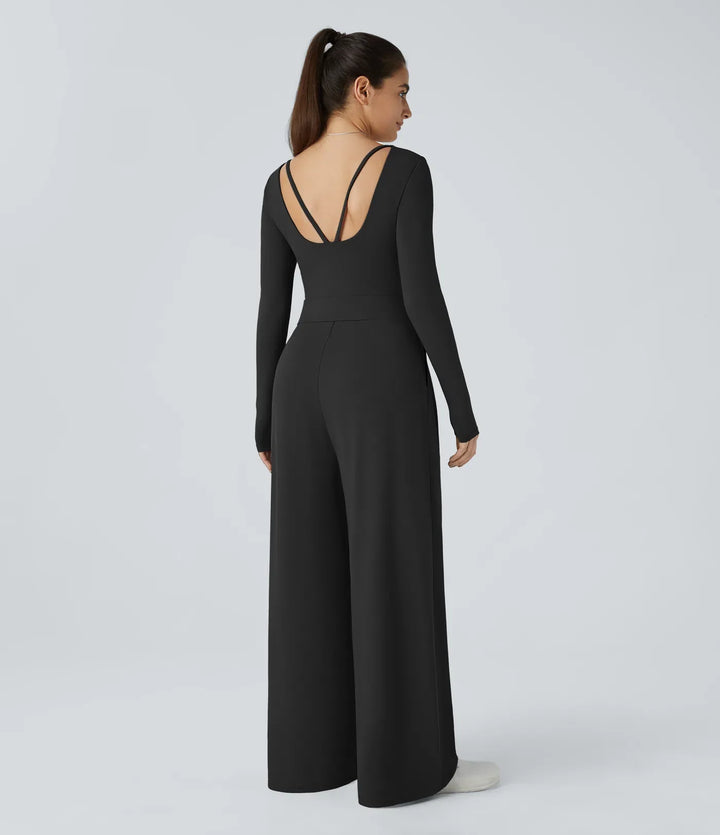 V-ringad långärmad ficka vida ben vardaglig jumpsuit