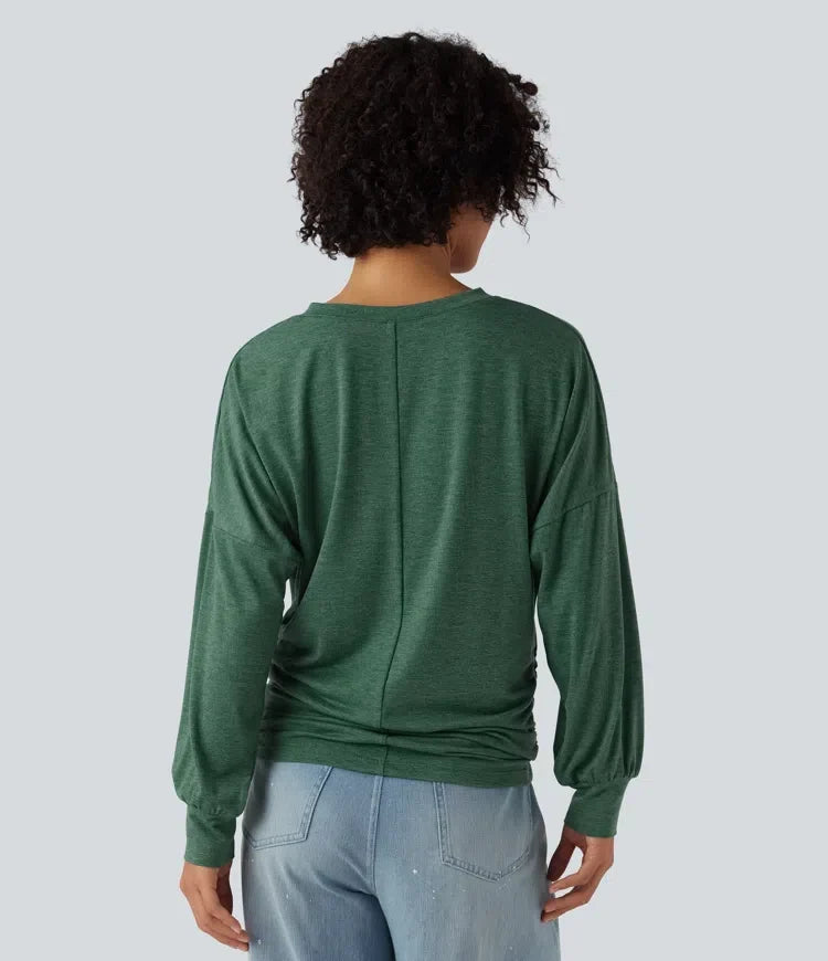 V-ringning långärmad rynklad avslappnad T-shirt för vardag