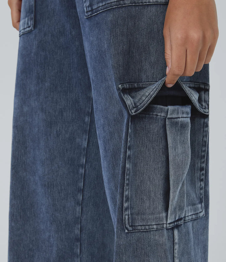 Lyckera Flex medelhög midja fickor raka ben vardaglig cargo jeans