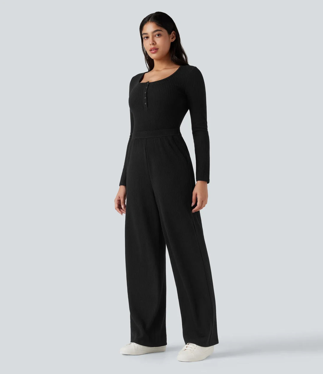 Ribbad henley långärmad vardaglig jumpsuit med fickor-Easy Peezy