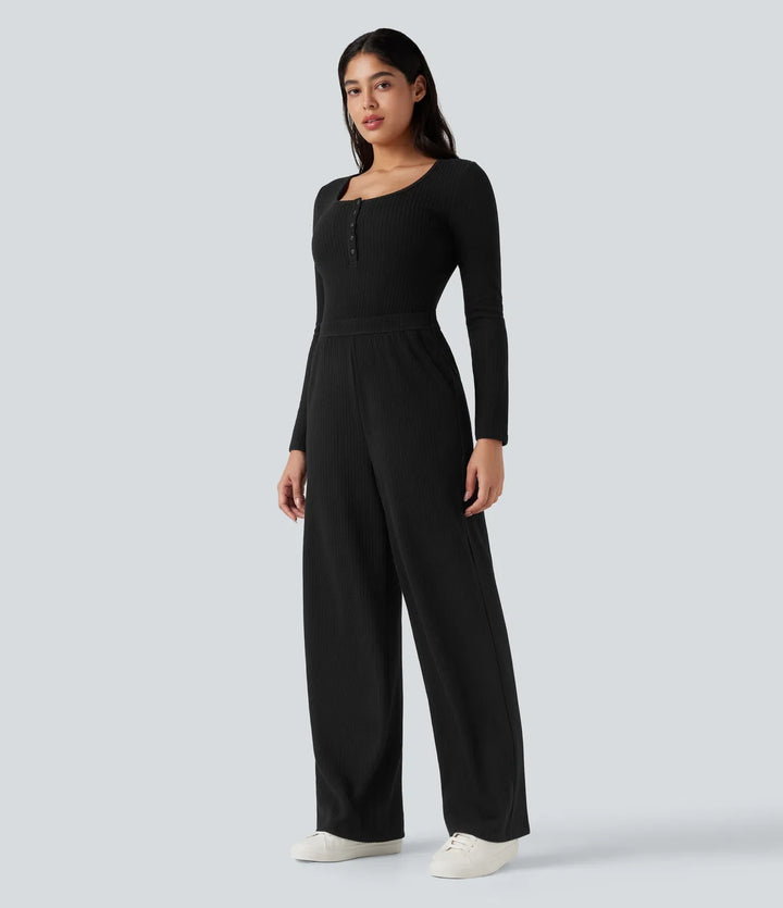 Ribbad henley långärmad vardaglig jumpsuit med fickor-Easy Peezy