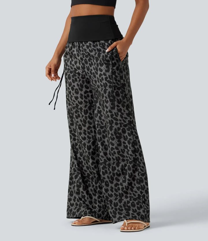 Vikbar midja med hög midja rynklad dragsko baggy leopardmönstrad vardagsbyxor med fickor
