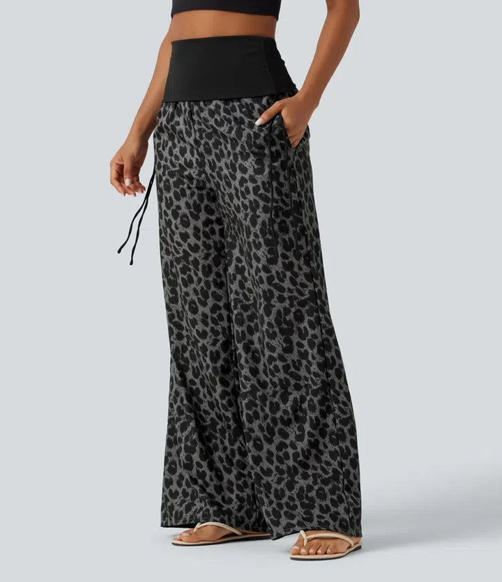 Vikbar midja med hög midja rynklad dragsko baggy leopardmönstrad vardagsbyxor med fickor