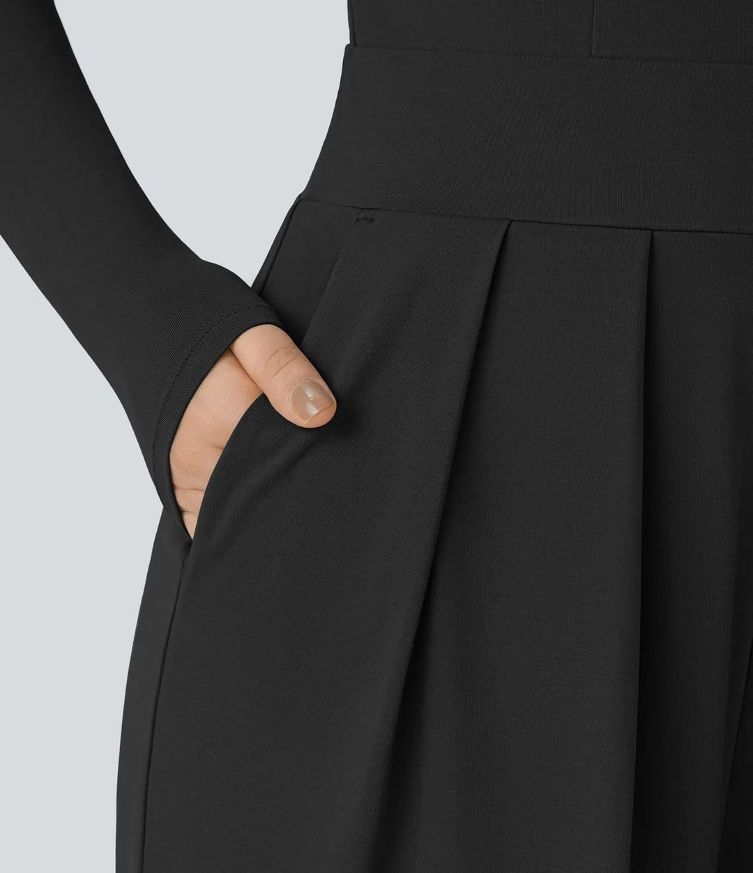 V-ringad långärmad ficka vida ben vardaglig jumpsuit