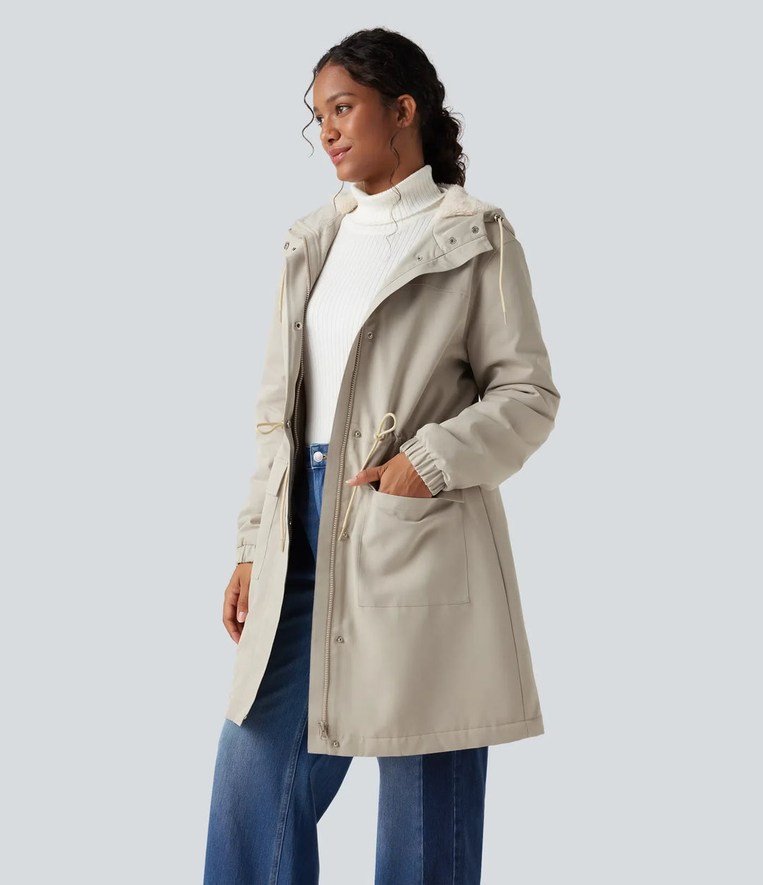 Med huva långärmad dragsko lång modell fleece vardaglig parkakappa med fickor