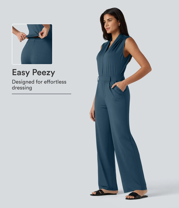 V-ringad ärmlös arbetsjumpsuit med fickor-Easy Peezy Edition