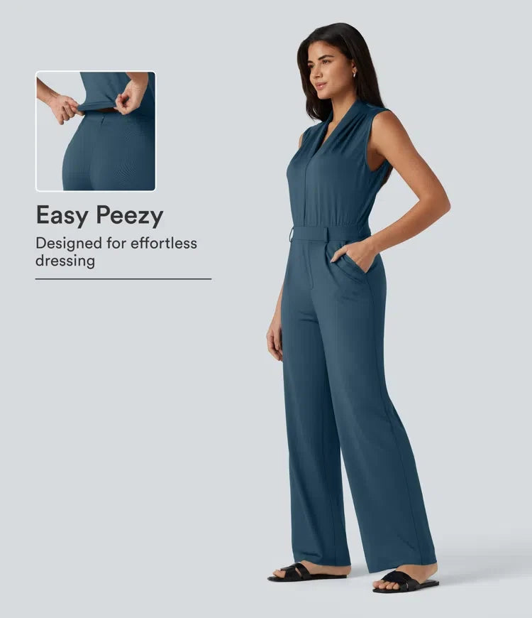 V-ringad ärmlös arbetsjumpsuit med fickor-Easy Peezy Edition