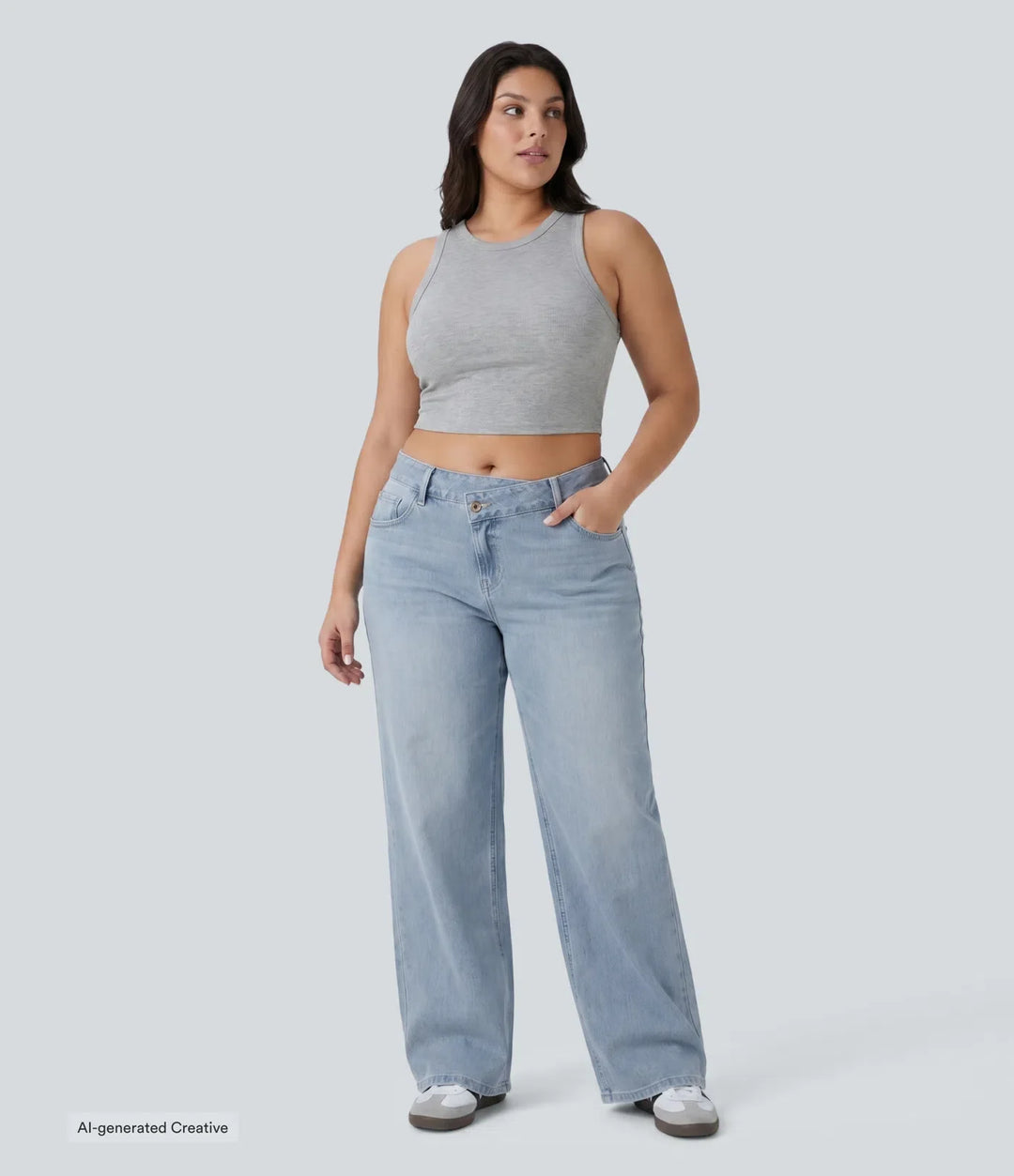 Plusstorlek Halara Flex asymmetrisk med låg midja vida ben tvättad vardagsjeans med fickor