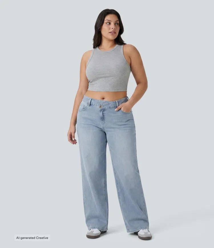 Plusstorlek Halara Flex asymmetrisk med låg midja vida ben tvättad vardagsjeans med fickor
