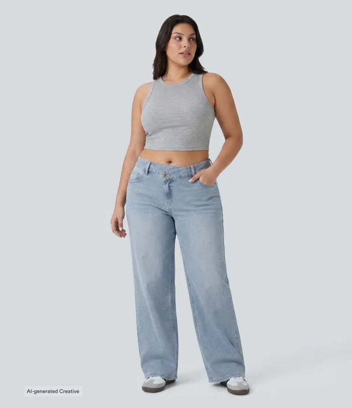 Plusstorlek Halara Flex asymmetrisk med låg midja vida ben tvättad vardagsjeans med fickor