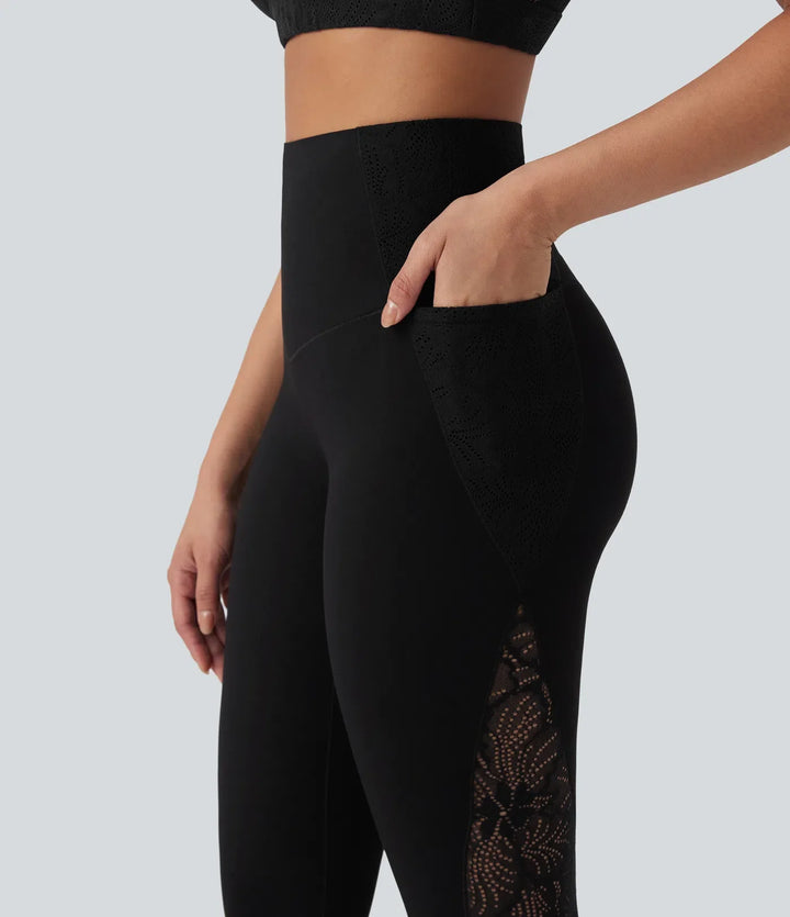 Halara UltraSculpt med hög midja och magkontroll kontrastspets formande träningsleggings med fickor