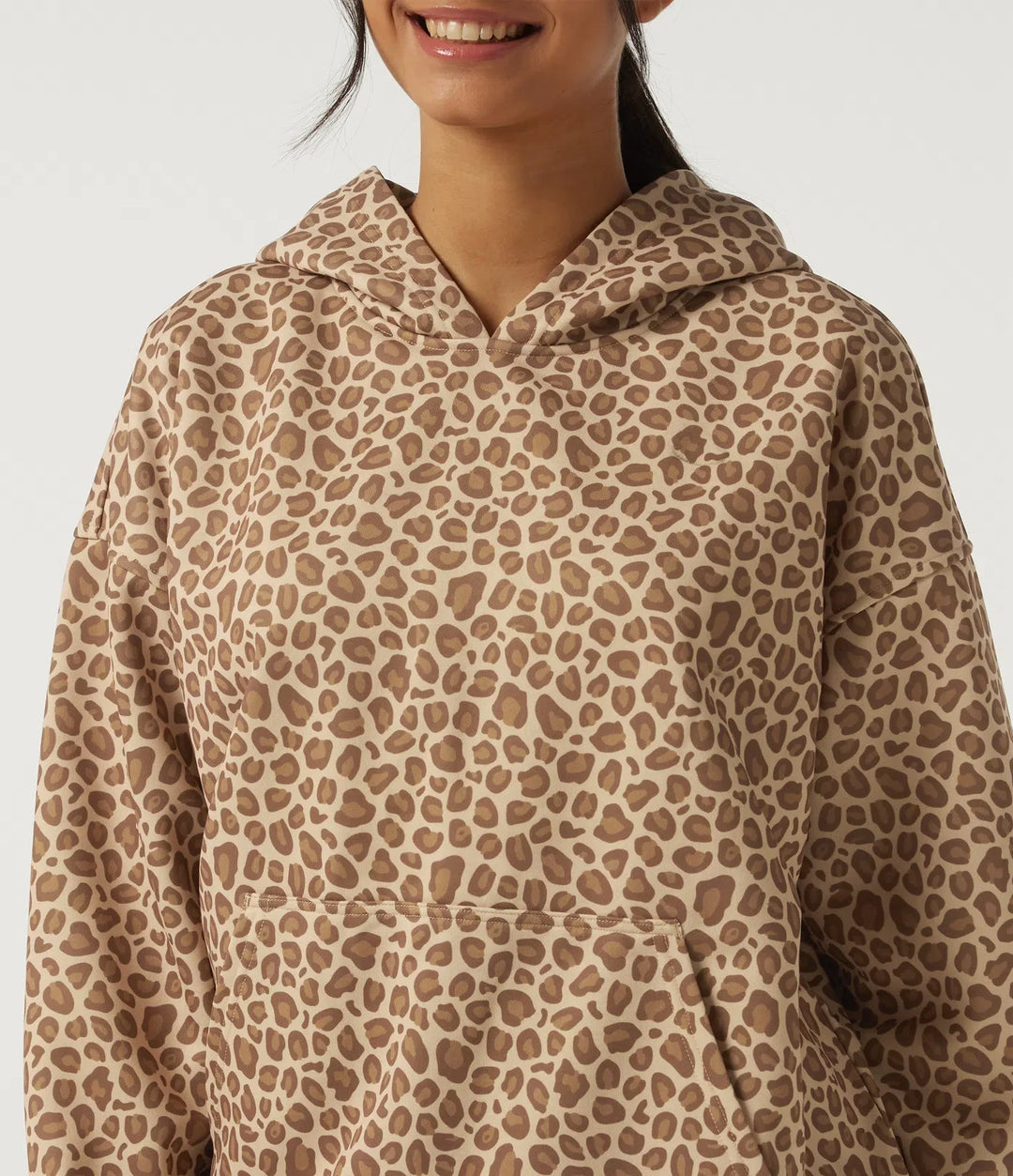 Med huva långärmad leopardmönster vardaglig sweatshirt med ficka