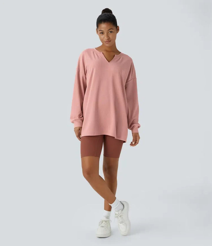 V-ringad nedhasad axel avslappnad våffelstruktur vardaglig sweatshirt